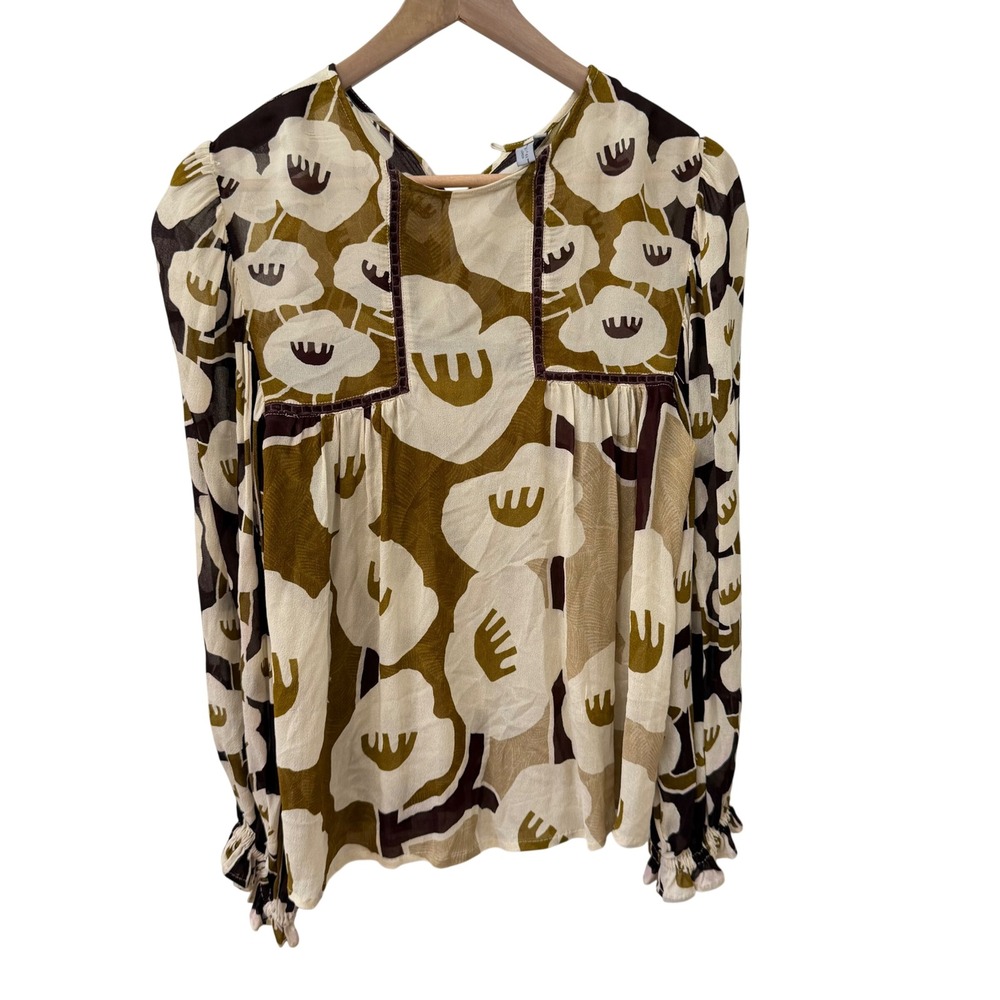 Blank London Blouse Small brown Floral Velvet Trim Tassel Boho Poppy Top